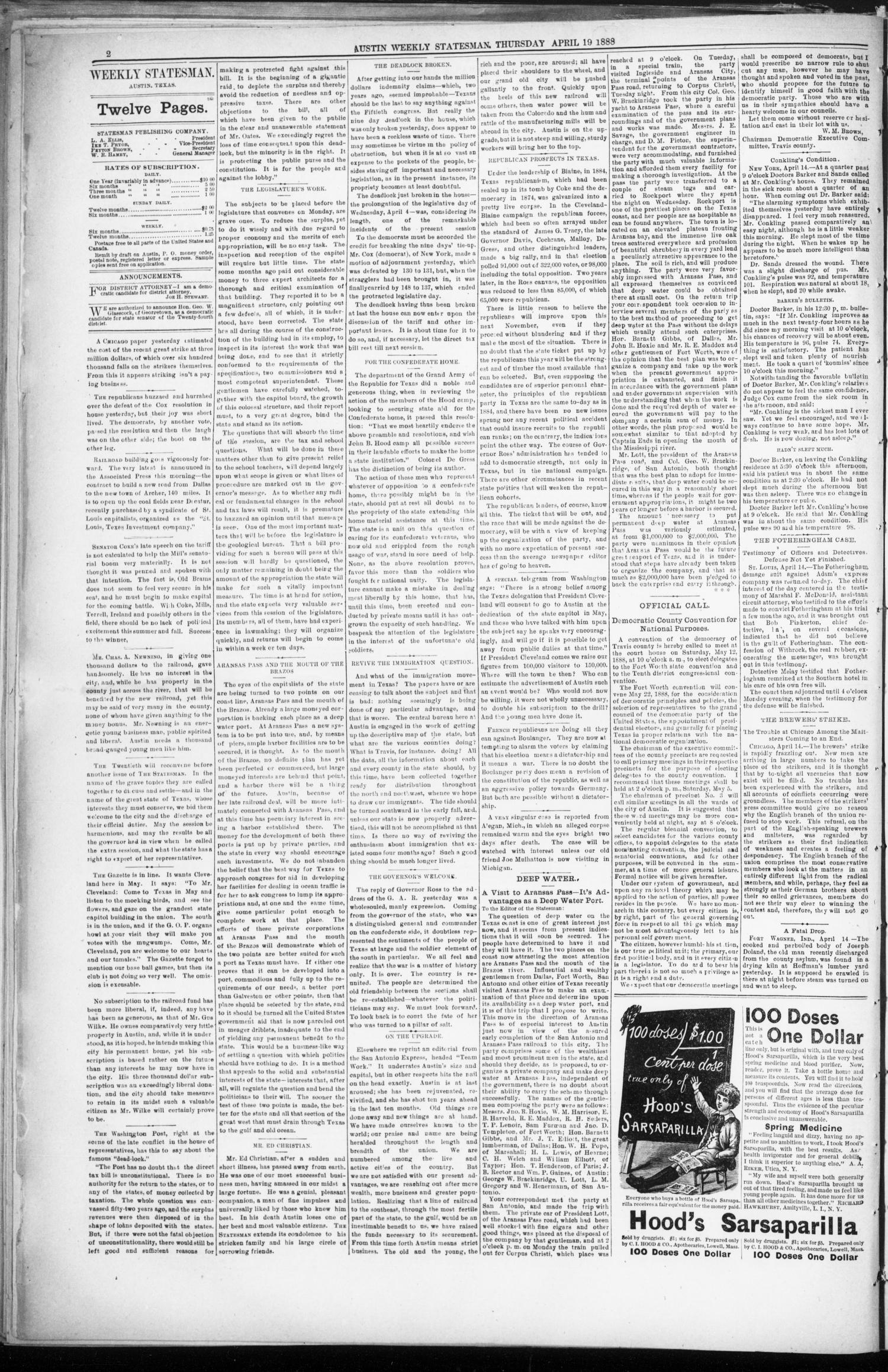 Austin Weekly Statesman. (Austin, Tex.), Vol. 17, No. 21, Ed. 1 Thursday, April 19, 1888
                                                
                                                    [Sequence #]: 2 of 12
                                                
