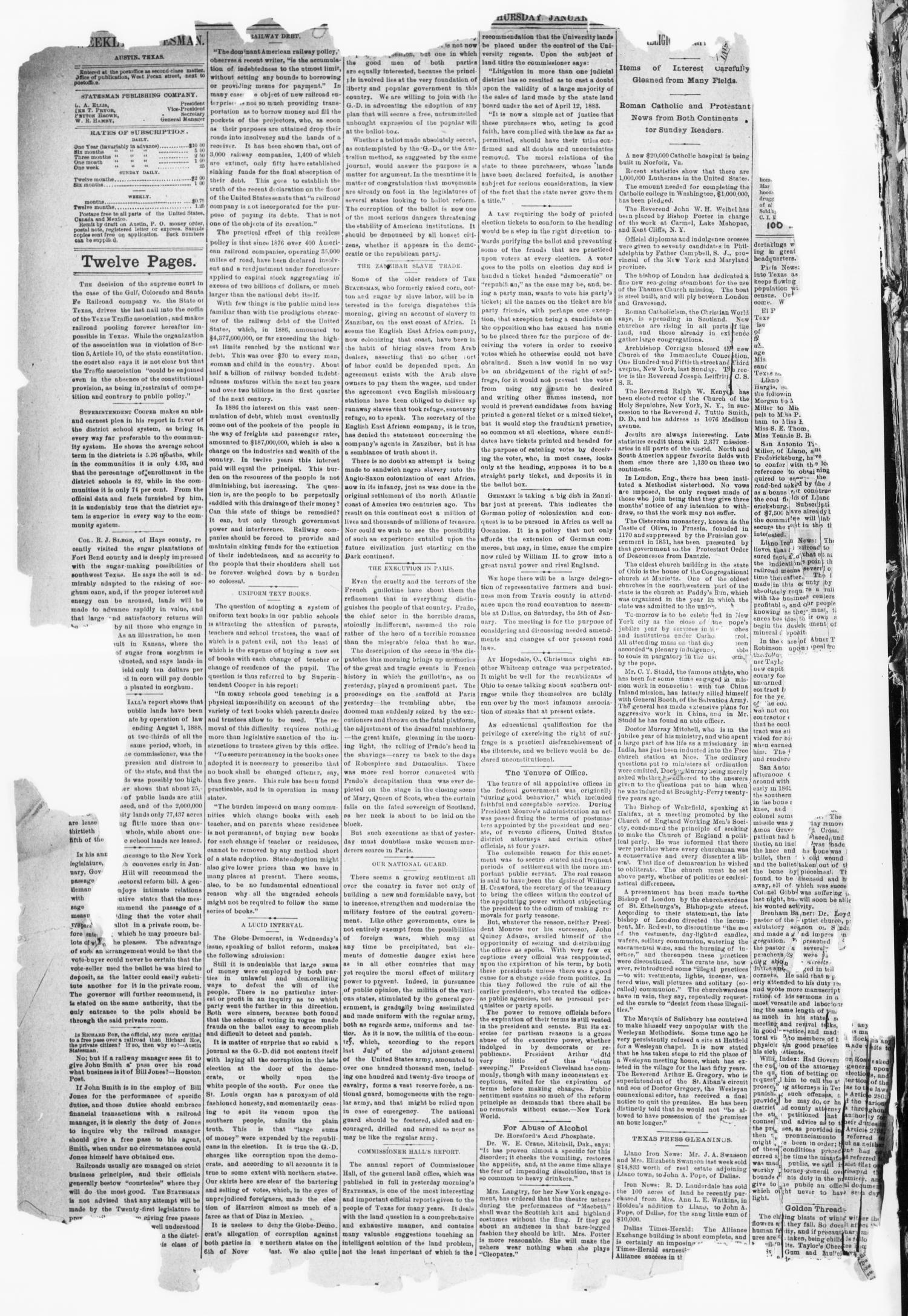 Austin Weekly Statesman. (Austin, Tex.), Vol. 18, No. 8, Ed. 1 Thursday, January 3, 1889
                                                
                                                    [Sequence #]: 2 of 12
                                                