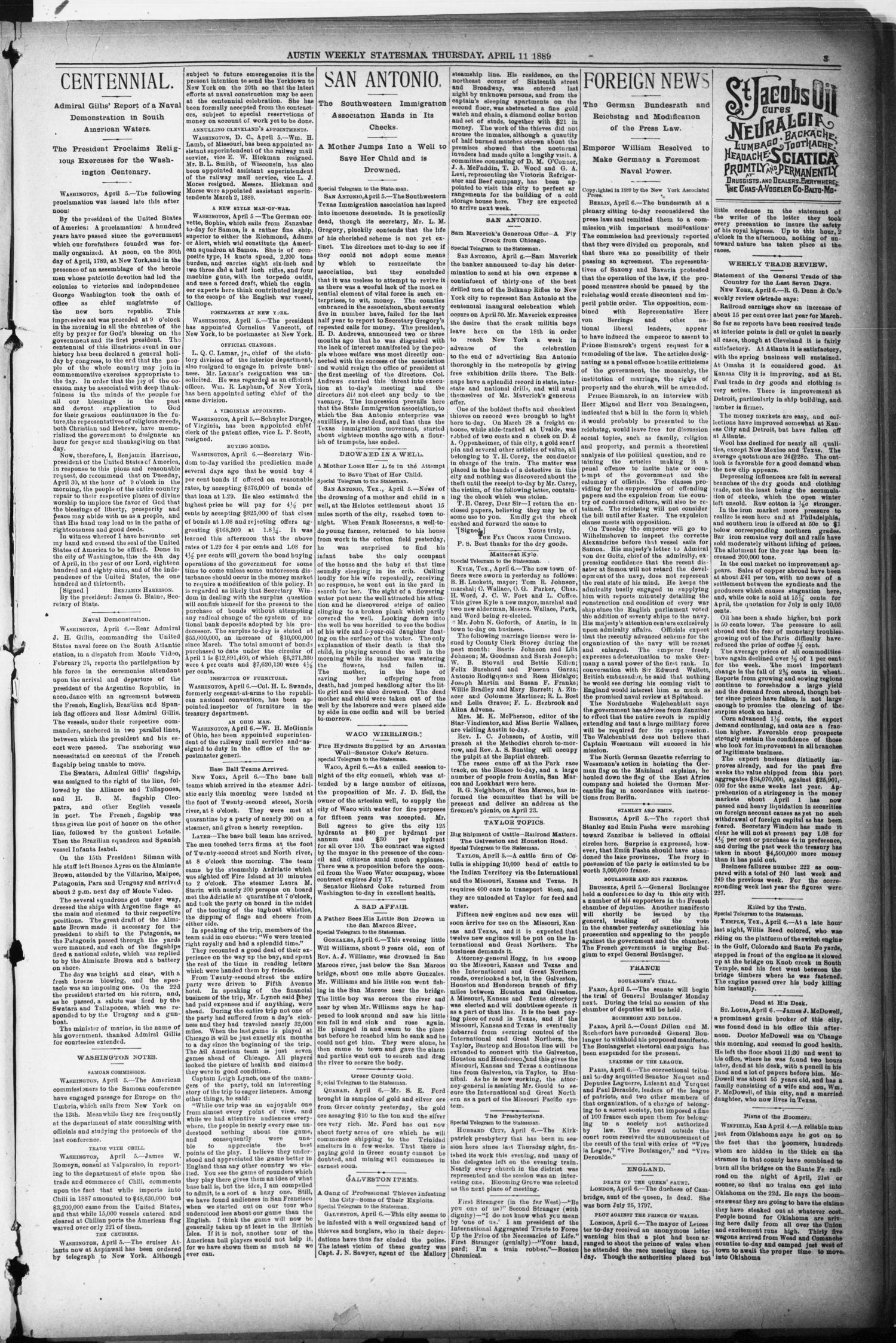 Austin Weekly Statesman. (Austin, Tex.), Vol. 18, No. 21, Ed. 1 Thursday, April 11, 1889
                                                
                                                    [Sequence #]: 3 of 12
                                                