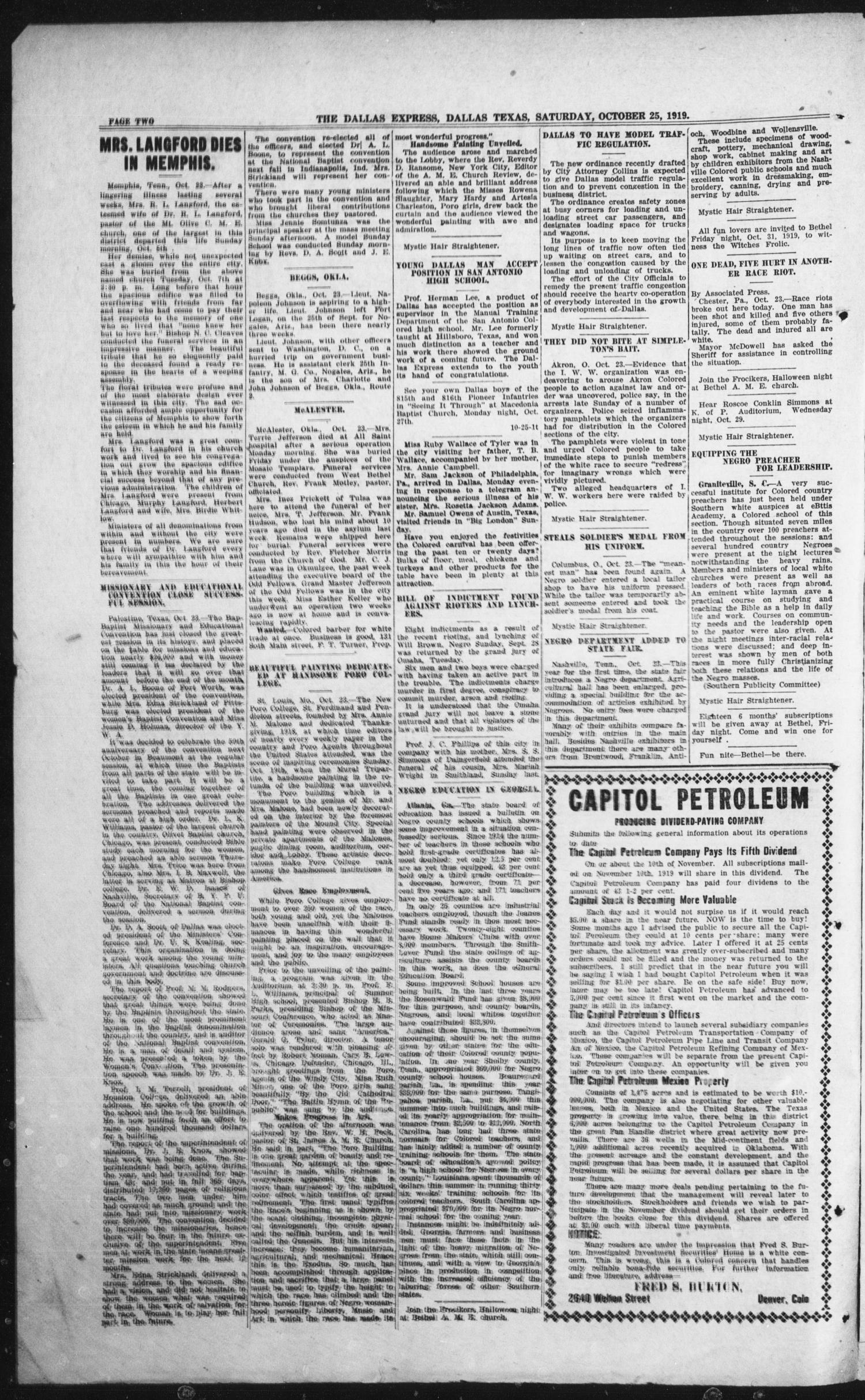 The Dallas Express (Dallas, Tex.), Vol. 27, No. 3, Ed. 1 Saturday, October 25, 1919
                                                
                                                    [Sequence #]: 2 of 16
                                                