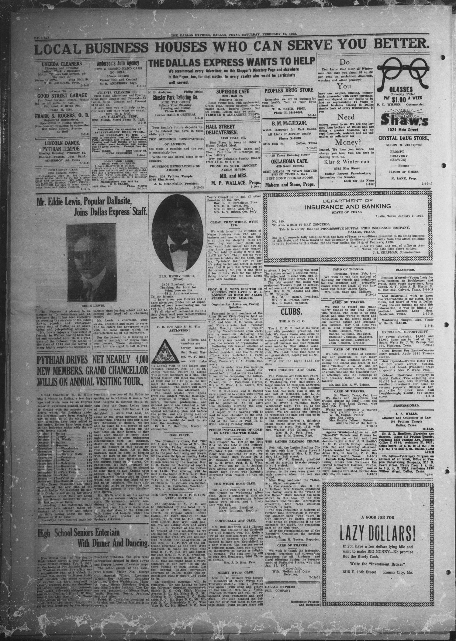 The Dallas Express (Dallas, Tex.), Vol. 30, No. 16, Ed. 1 Saturday, February 10, 1923
                                                
                                                    [Sequence #]: 6 of 8
                                                