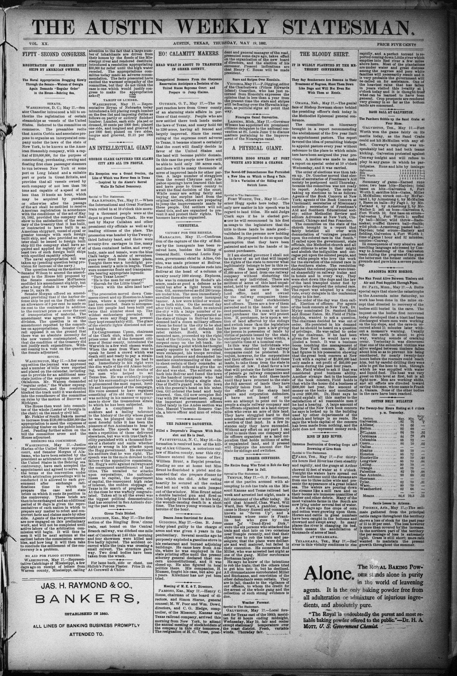 The Austin Weekly Statesman. (Austin, Tex.), Vol. 20, Ed. 1 Thursday, May 19, 1892
                                                
                                                    [Sequence #]: 1 of 8
                                                