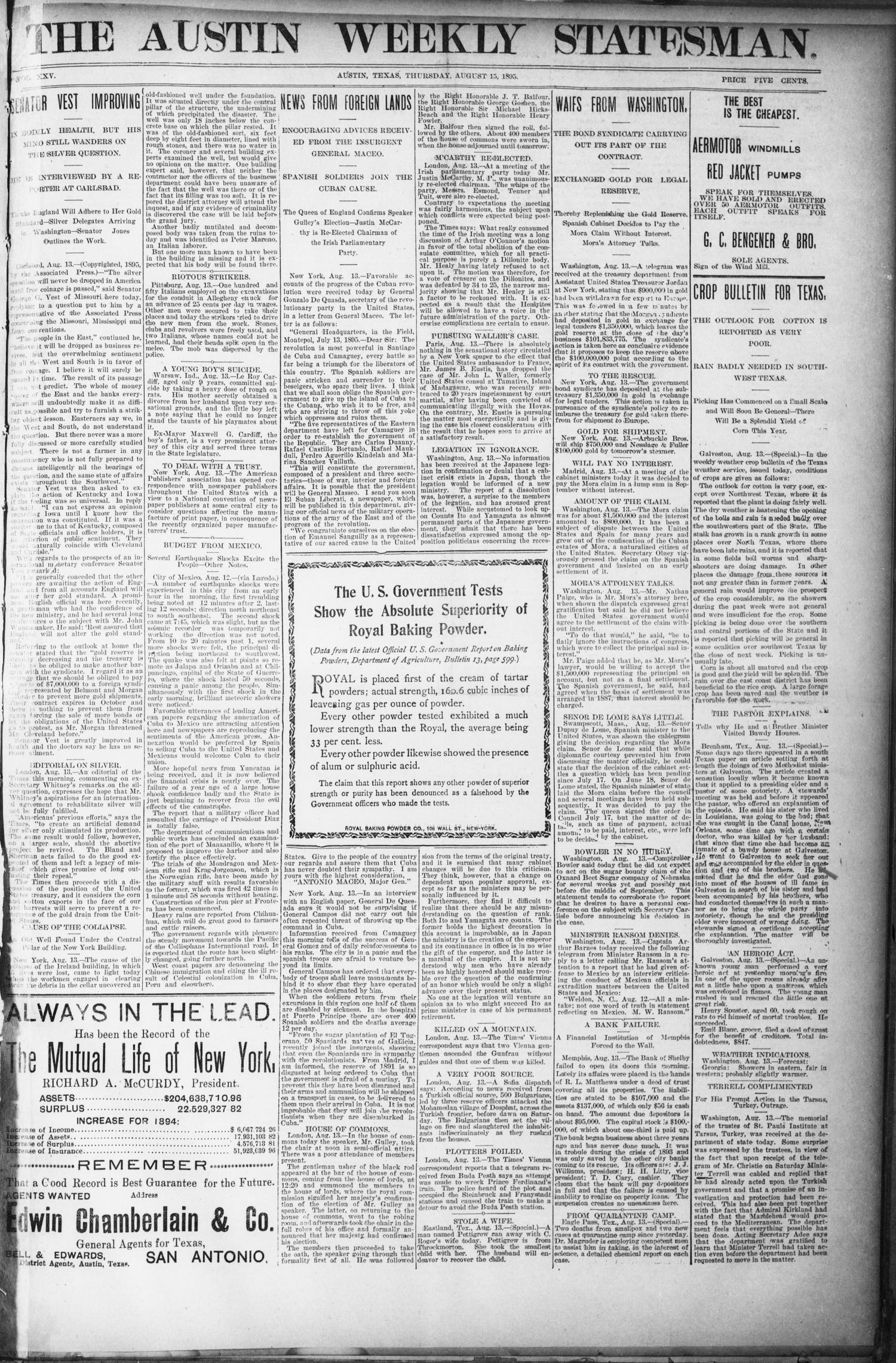 The Austin Weekly Statesman. (Austin, Tex.), Vol. 25, Ed. 1 Thursday, August 15, 1895
                                                
                                                    [Sequence #]: 1 of 8
                                                