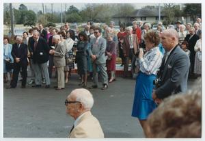 Primary view of object titled '[Crowd at the Helen Hall Library Dedication]'.