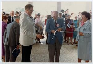 Primary view of object titled '[Ribbon Cutting at Helen Hall Library]'.