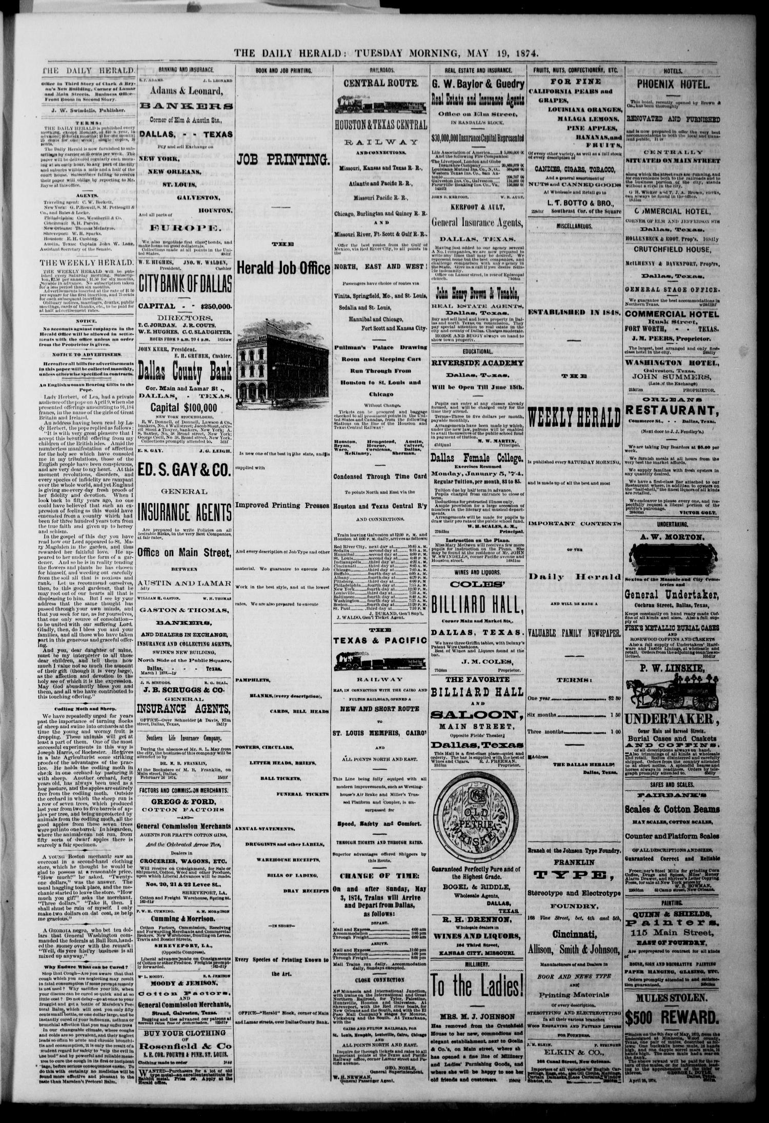 The Dallas Daily Herald. (Dallas, Tex.), Vol. 2, No. 84, Ed. 1 Tuesday, May 19, 1874
                                                
                                                    [Sequence #]: 3 of 4
                                                