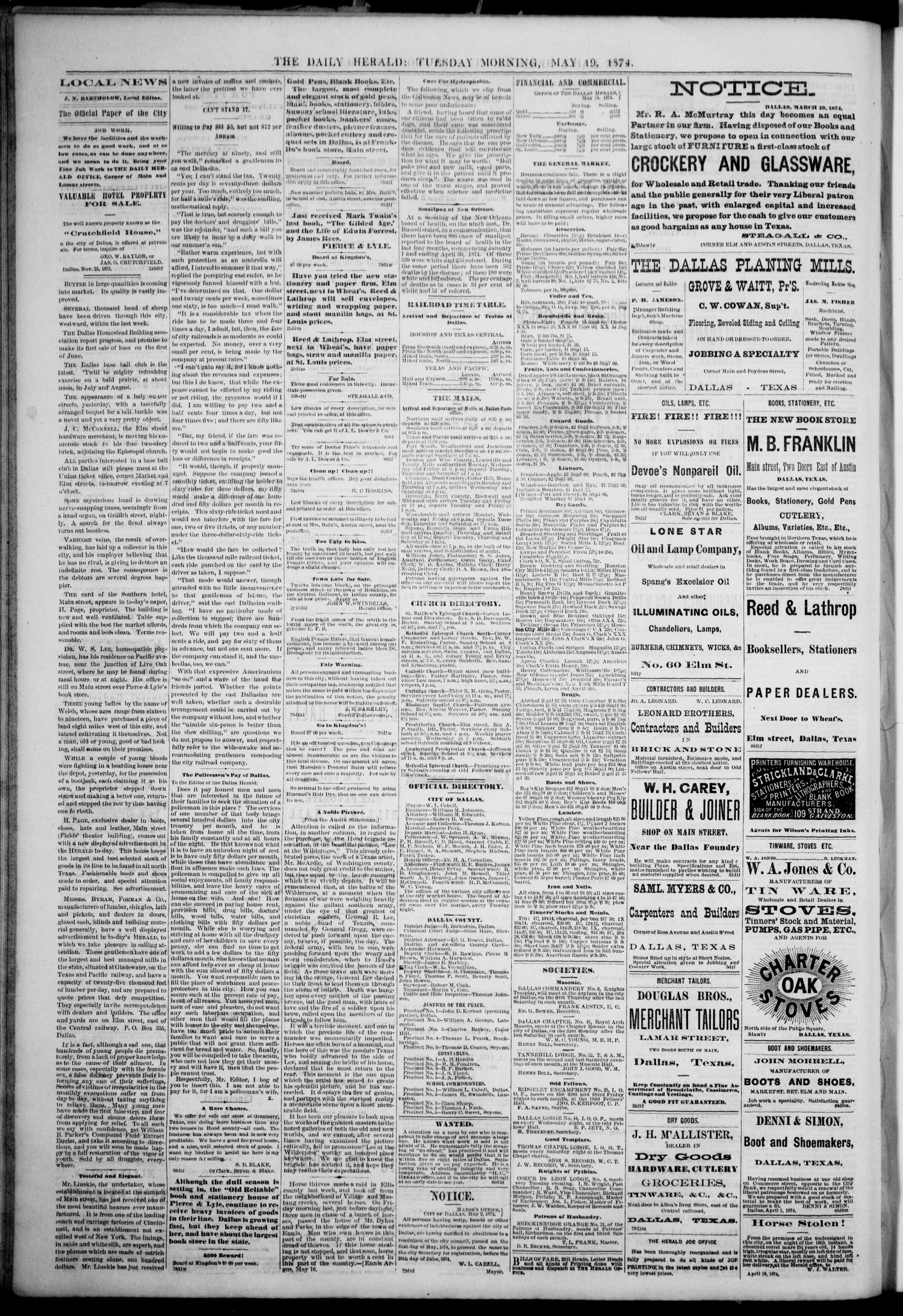 The Dallas Daily Herald. (Dallas, Tex.), Vol. 2, No. 84, Ed. 1 Tuesday, May 19, 1874
                                                
                                                    [Sequence #]: 4 of 4
                                                