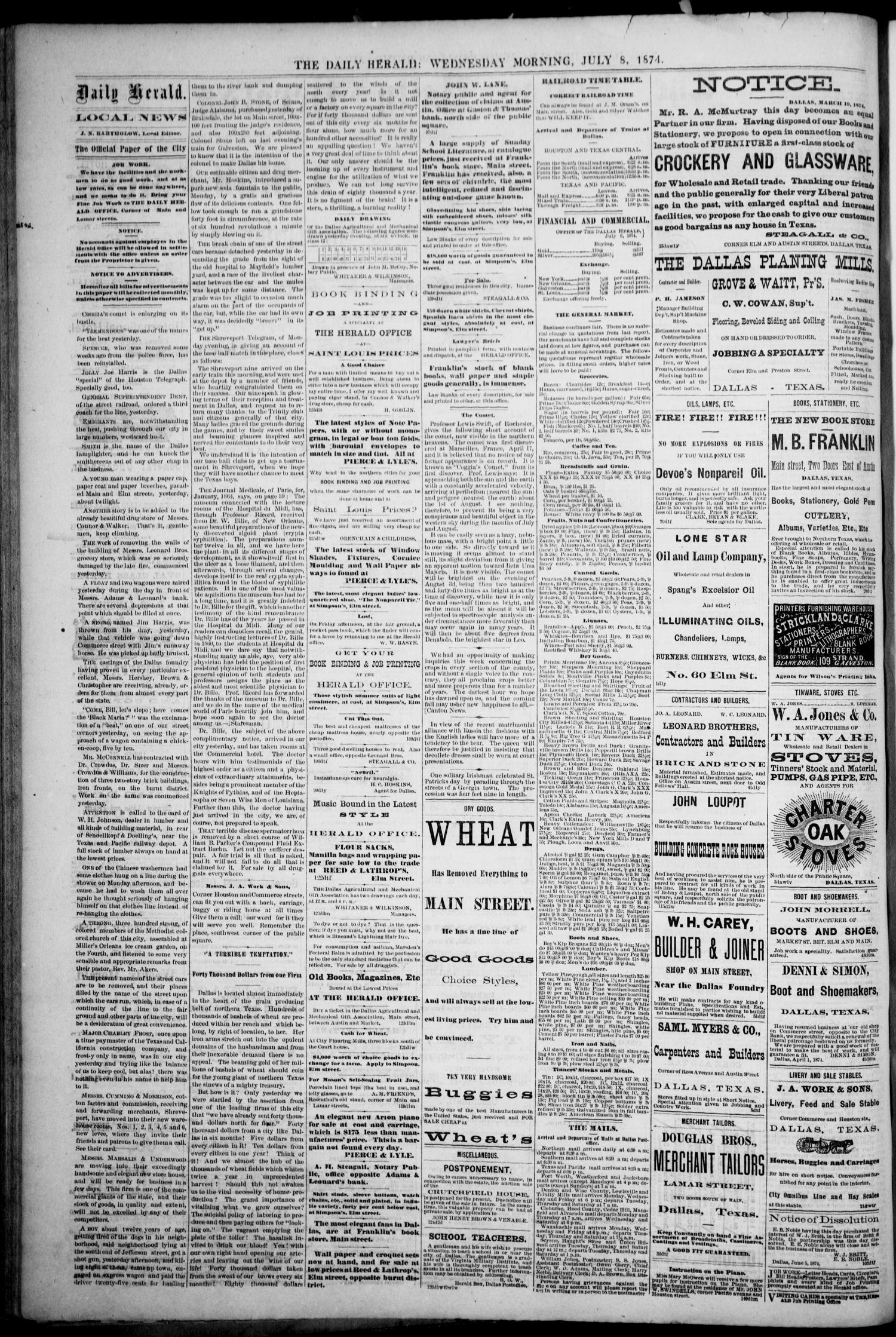 The Dallas Daily Herald. (Dallas, Tex.), Vol. 2, No. 126, Ed. 1 Wednesday, July 8, 1874
                                                
                                                    [Sequence #]: 4 of 4
                                                