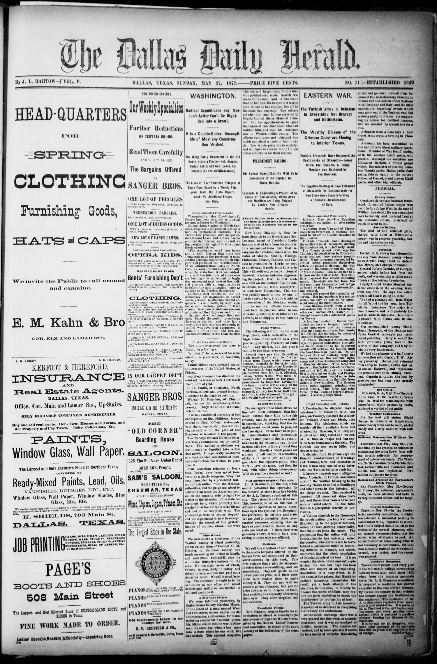 The Dallas Daily Herald. (Dallas, Tex.), Vol. 5, No. 71, Ed. 1 Sunday, May 27, 1877
                                                
                                                    [Sequence #]: 1 of 4
                                                