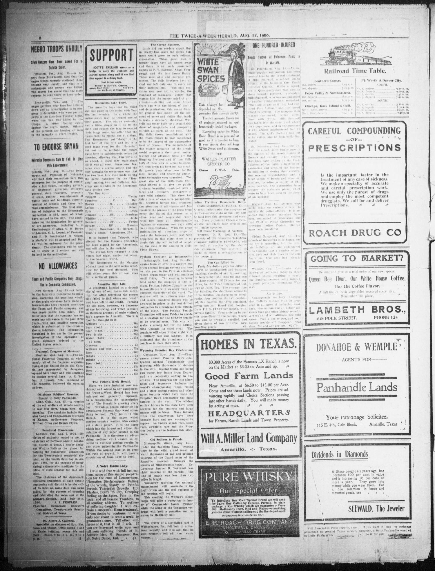 The Twice-a-Week Herald. (Amarillo, Tex.), Vol. 21, No. 66, Ed. 1 Friday, August 17, 1906
                                                
                                                    [Sequence #]: 8 of 8
                                                