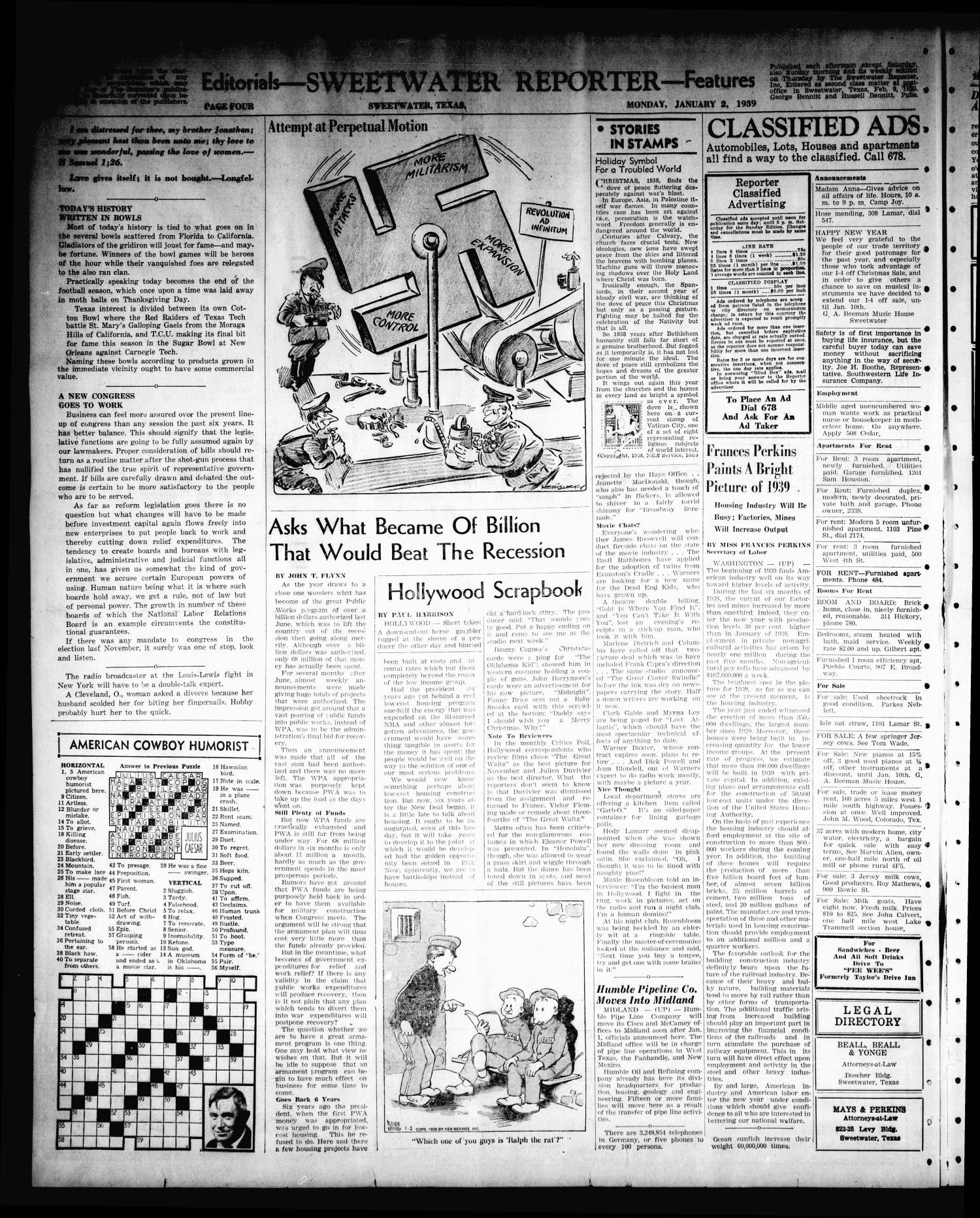 Sweetwater Reporter (Sweetwater, Tex.), Vol. 41, No. 222, Ed. 1 Monday, January 2, 1939
                                                
                                                    [Sequence #]: 4 of 6
                                                