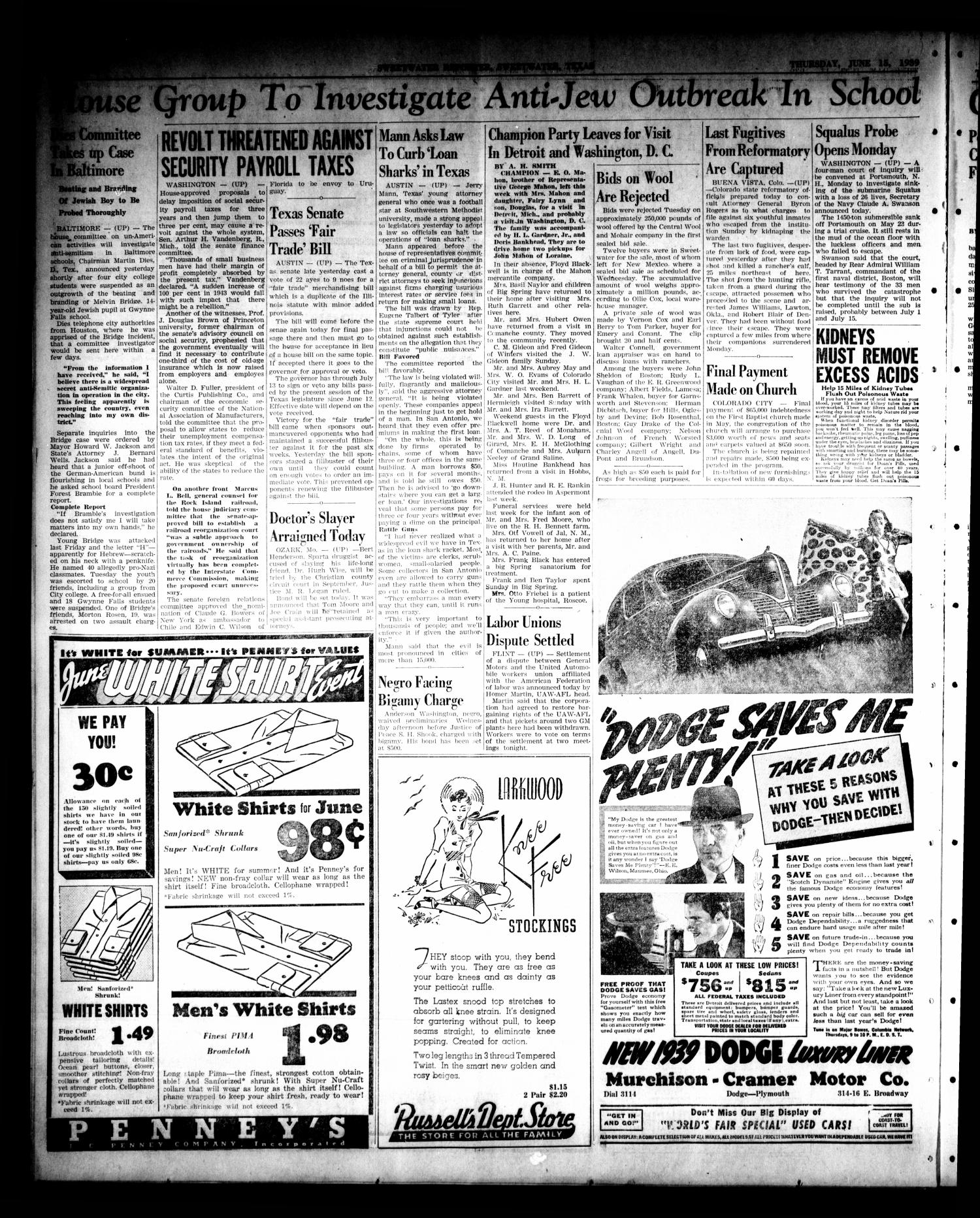 Sweetwater Reporter (Sweetwater, Tex.), Vol. 43, No. 38, Ed. 1 Thursday, June 15, 1939
                                                
                                                    [Sequence #]: 2 of 8
                                                