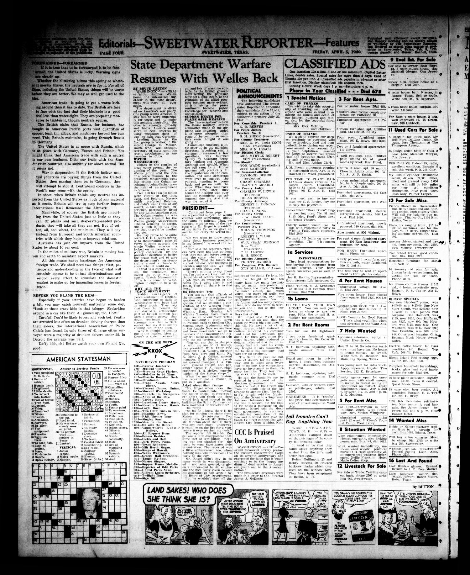 Sweetwater Reporter (Sweetwater, Tex.), Vol. 43, No. 285, Ed. 1 Friday, April 5, 1940
                                                
                                                    [Sequence #]: 4 of 10
                                                