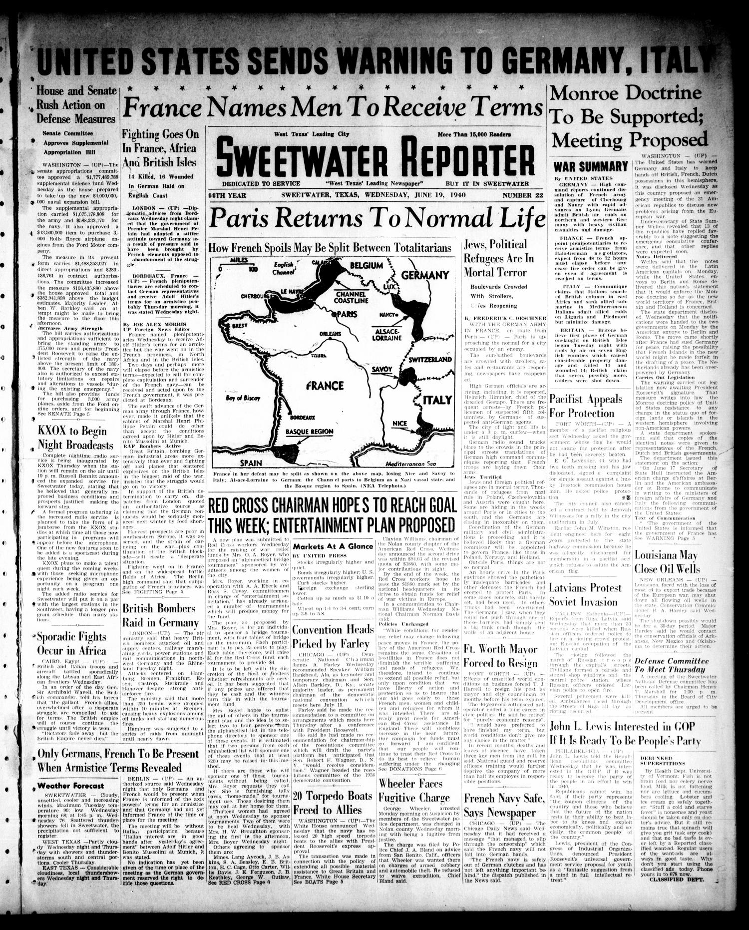 Sweetwater Reporter (Sweetwater, Tex.), Vol. 44, No. 22, Ed. 1 Wednesday, June 19, 1940
                                                
                                                    [Sequence #]: 1 of 10
                                                