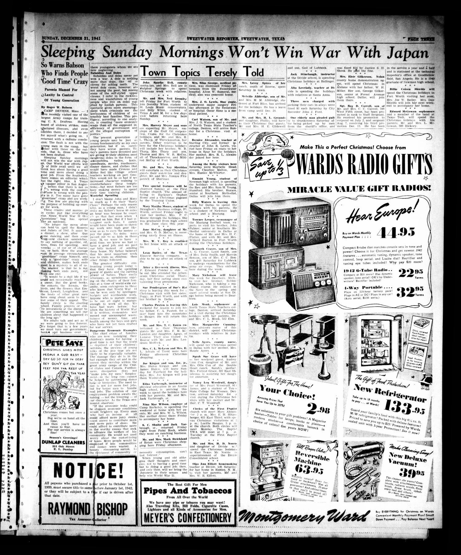 Sweetwater Reporter (Sweetwater, Tex.), Vol. 45, No. 171, Ed. 1 Sunday, December 21, 1941
                                                
                                                    [Sequence #]: 3 of 18
                                                