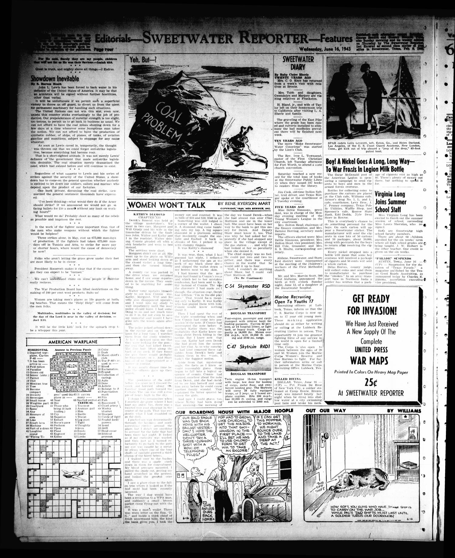 Sweetwater Reporter (Sweetwater, Tex.), Vol. 46, No. 146, Ed. 1 Wednesday, June 16, 1943
                                                
                                                    [Sequence #]: 4 of 6
                                                