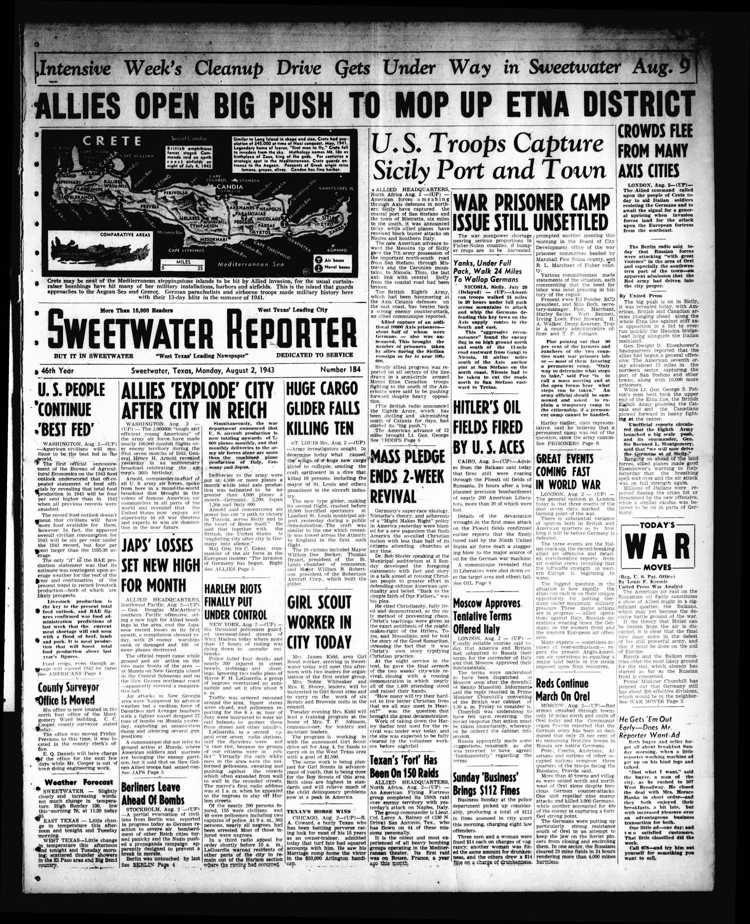 Sweetwater Reporter (Sweetwater, Tex.), Vol. 46, No. 184, Ed. 1 Monday, August 2, 1943
                                                
                                                    [Sequence #]: 1 of 6
                                                