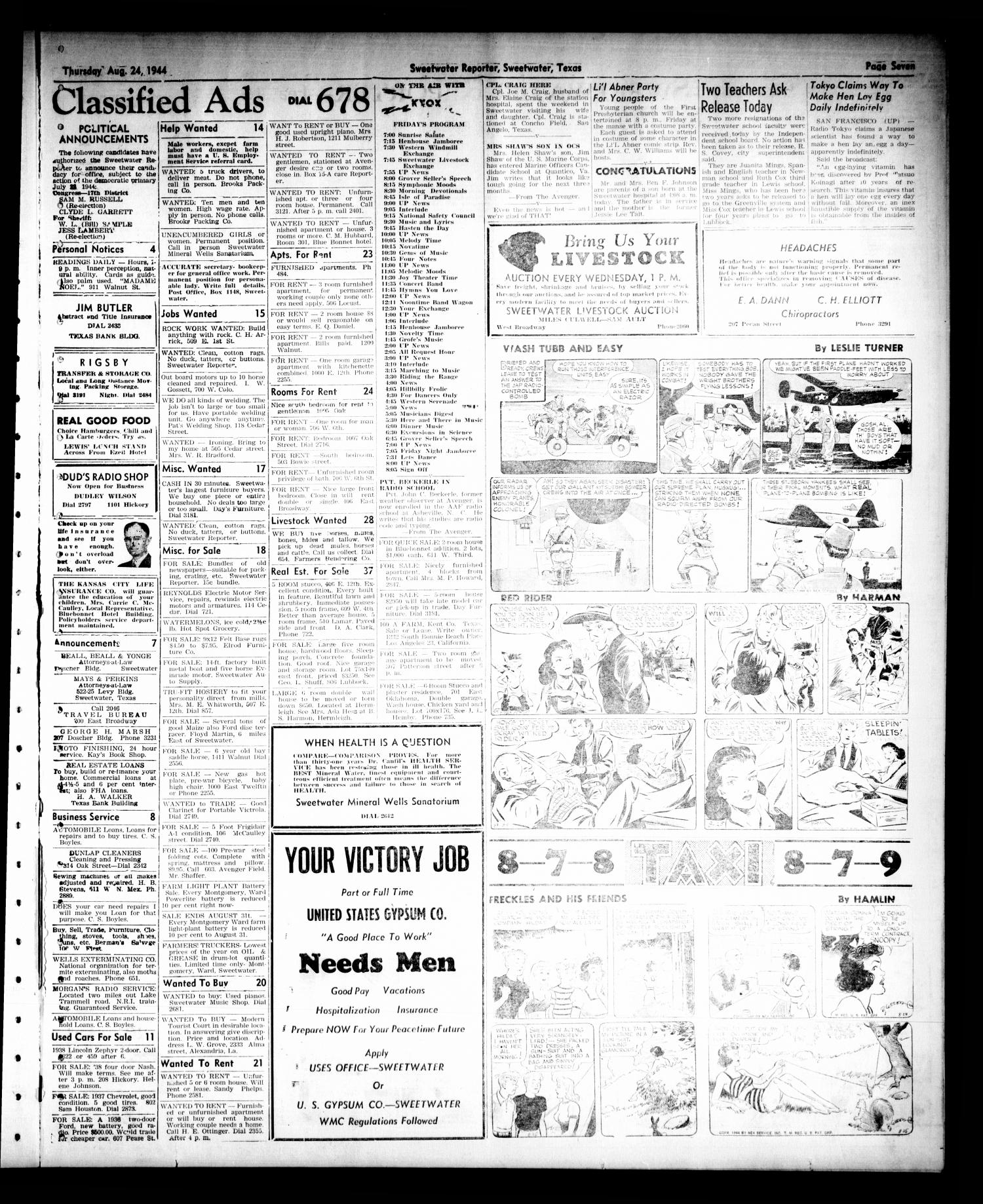 Sweetwater Reporter (Sweetwater, Tex.), Vol. 47, No. 195, Ed. 1 Thursday, August 24, 1944
                                                
                                                    [Sequence #]: 7 of 8
                                                