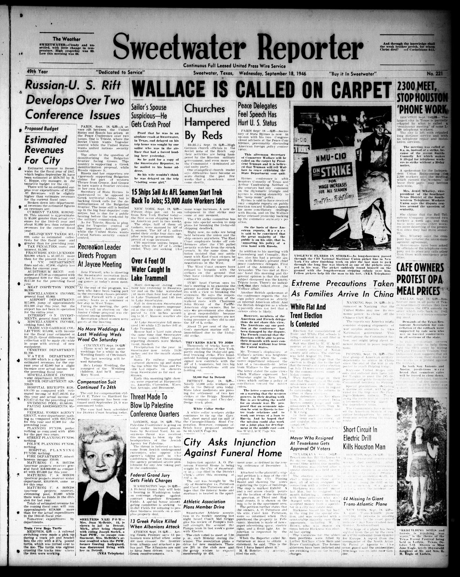 Sweetwater Reporter (Sweetwater, Tex.), Vol. 49, No. 221, Ed. 1 Wednesday, September 18, 1946
                                                
                                                    [Sequence #]: 1 of 6
                                                