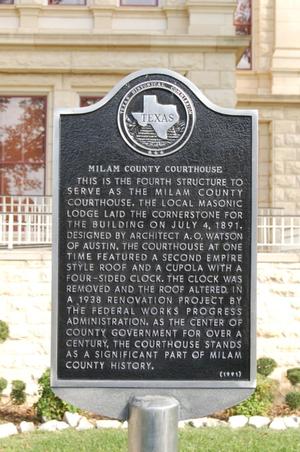 Primary view of object titled 'Historic plaque, Milam County Courthouse'.
