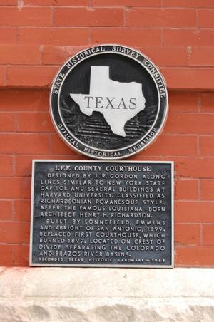 Primary view of object titled 'Historic plaque, Lee County Courthouse'.