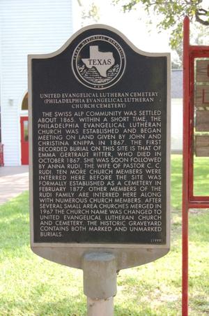 Primary view of object titled 'Historic Plaque, United Evangelical Lutheran Cemetery'.