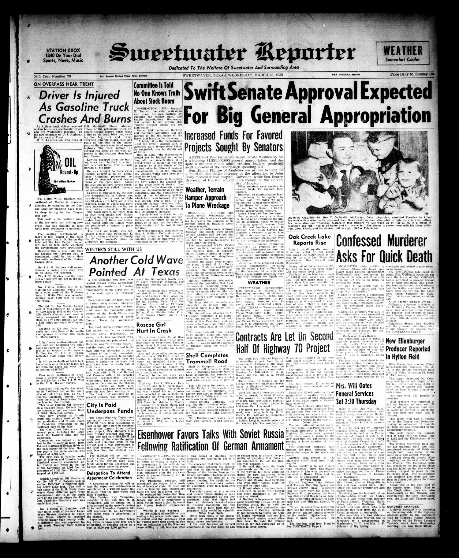 Sweetwater Reporter (Sweetwater, Tex.), Vol. 58, No. 70, Ed. 1 Wednesday, March 23, 1955
                                                
                                                    [Sequence #]: 1 of 8
                                                