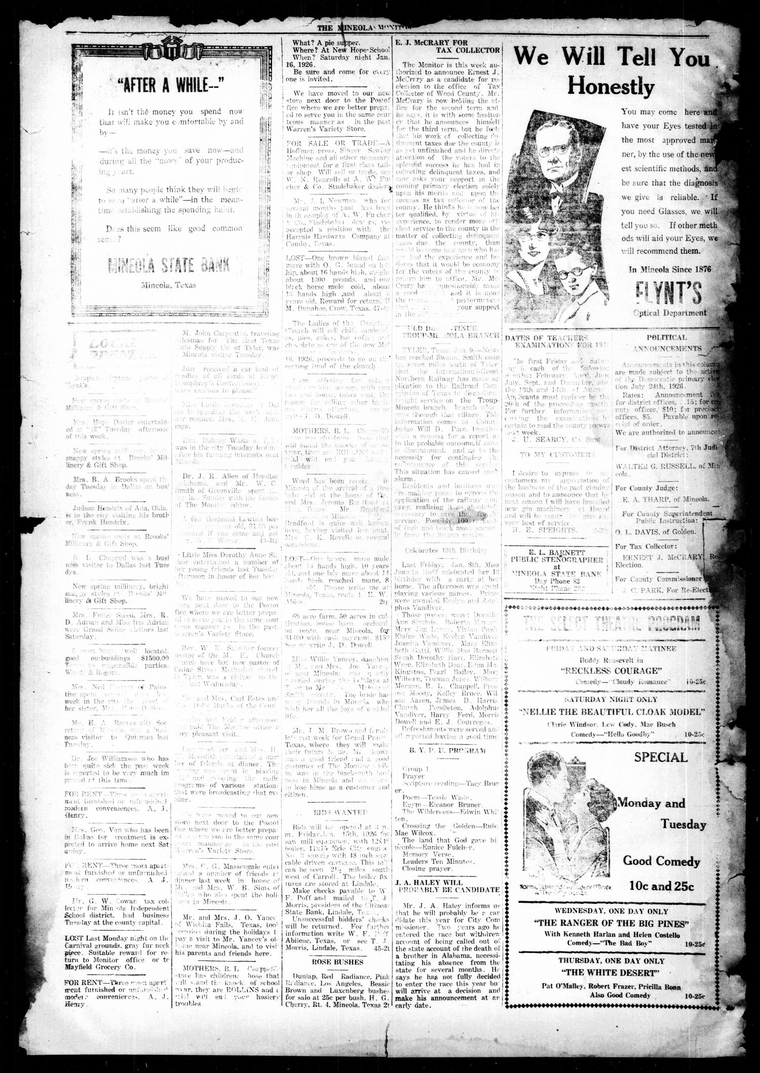 The Mineola Monitor (Mineola, Tex.), Vol. 53, No. 47, Ed. 1 Thursday, January 14, 1926
                                                
                                                    [Sequence #]: 8 of 8
                                                