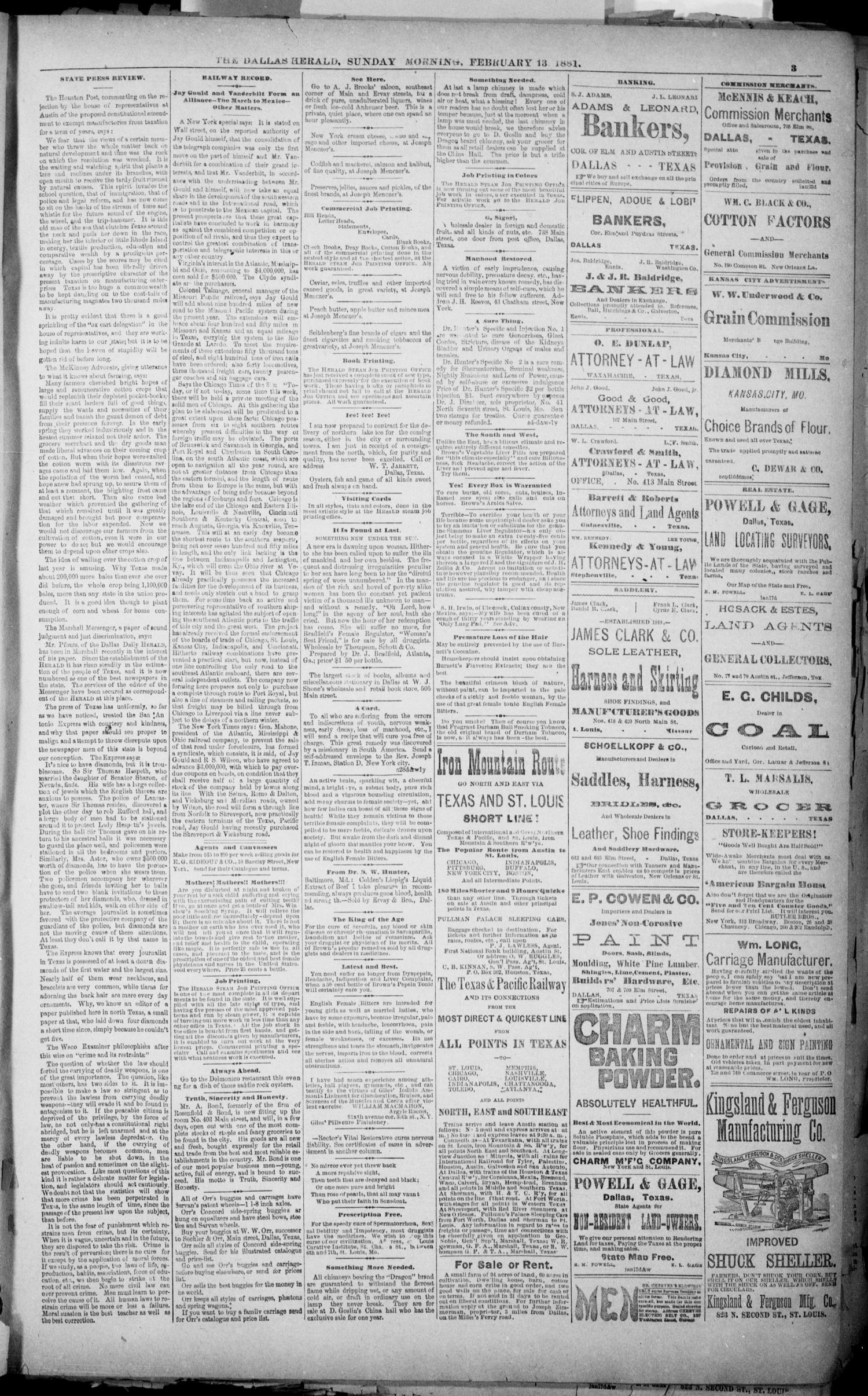 The Dallas Daily Herald. (Dallas, Tex.), Vol. 28, No. 67, Ed. 1 Sunday, February 13, 1881
                                                
                                                    [Sequence #]: 3 of 8
                                                