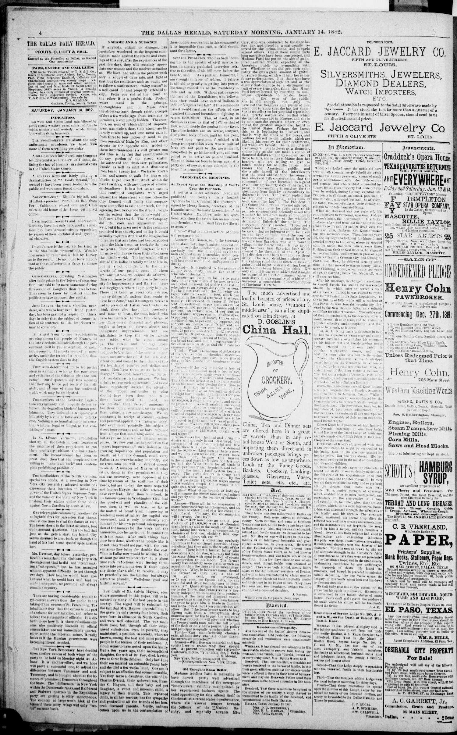 The Dallas Daily Herald. (Dallas, Tex.), Vol. 29, No. 40, Ed. 1 Saturday, January 14, 1882
                                                
                                                    [Sequence #]: 4 of 8
                                                