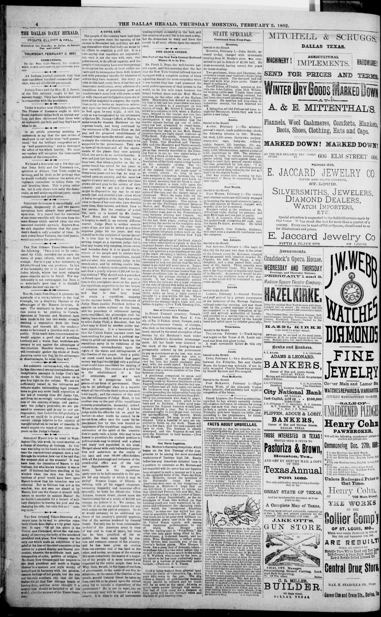The Dallas Daily Herald. (Dallas, Tex.), Vol. 29, No. 56, Ed. 1 Thursday, February 2, 1882
                                                
                                                    [Sequence #]: 4 of 8
                                                