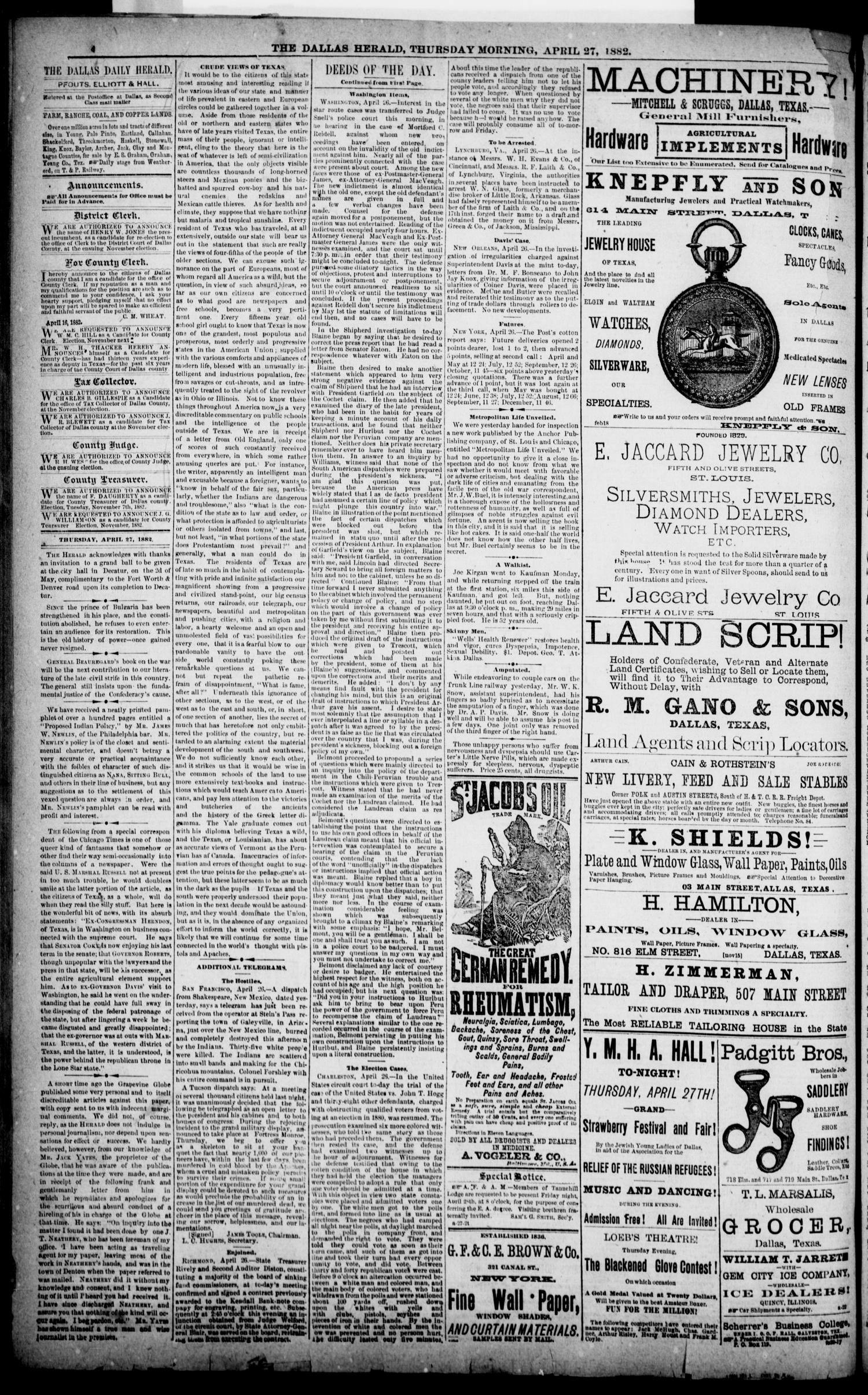The Dallas Daily Herald. (Dallas, Tex.), Vol. 29, No. 128, Ed. 1 Thursday, April 27, 1882
                                                
                                                    [Sequence #]: 4 of 8
                                                