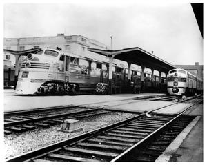 [Two trains at Dallas' Union Station]