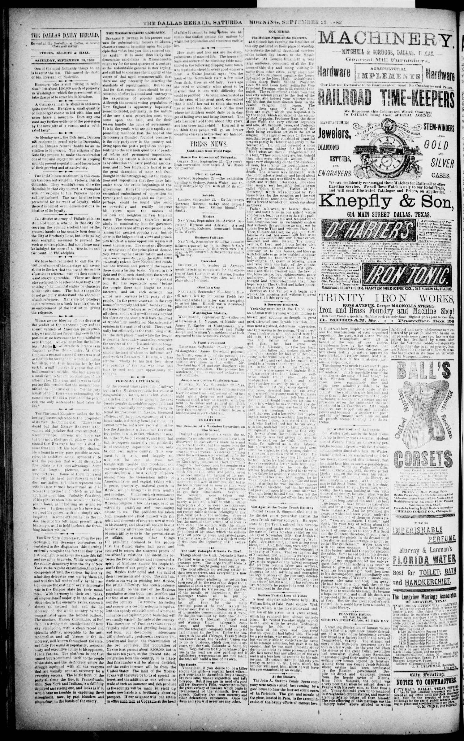 The Dallas Daily Herald. (Dallas, Tex.), Vol. 29, No. 262, Ed. 1 Saturday, September 23, 1882
                                                
                                                    [Sequence #]: 4 of 8
                                                