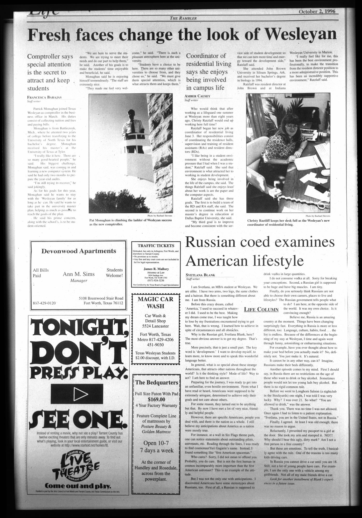 The Rambler (Fort Worth, Tex.), Ed. 1 Wednesday, October 2, 1996
                                                
                                                    [Sequence #]: 4 of 6
                                                