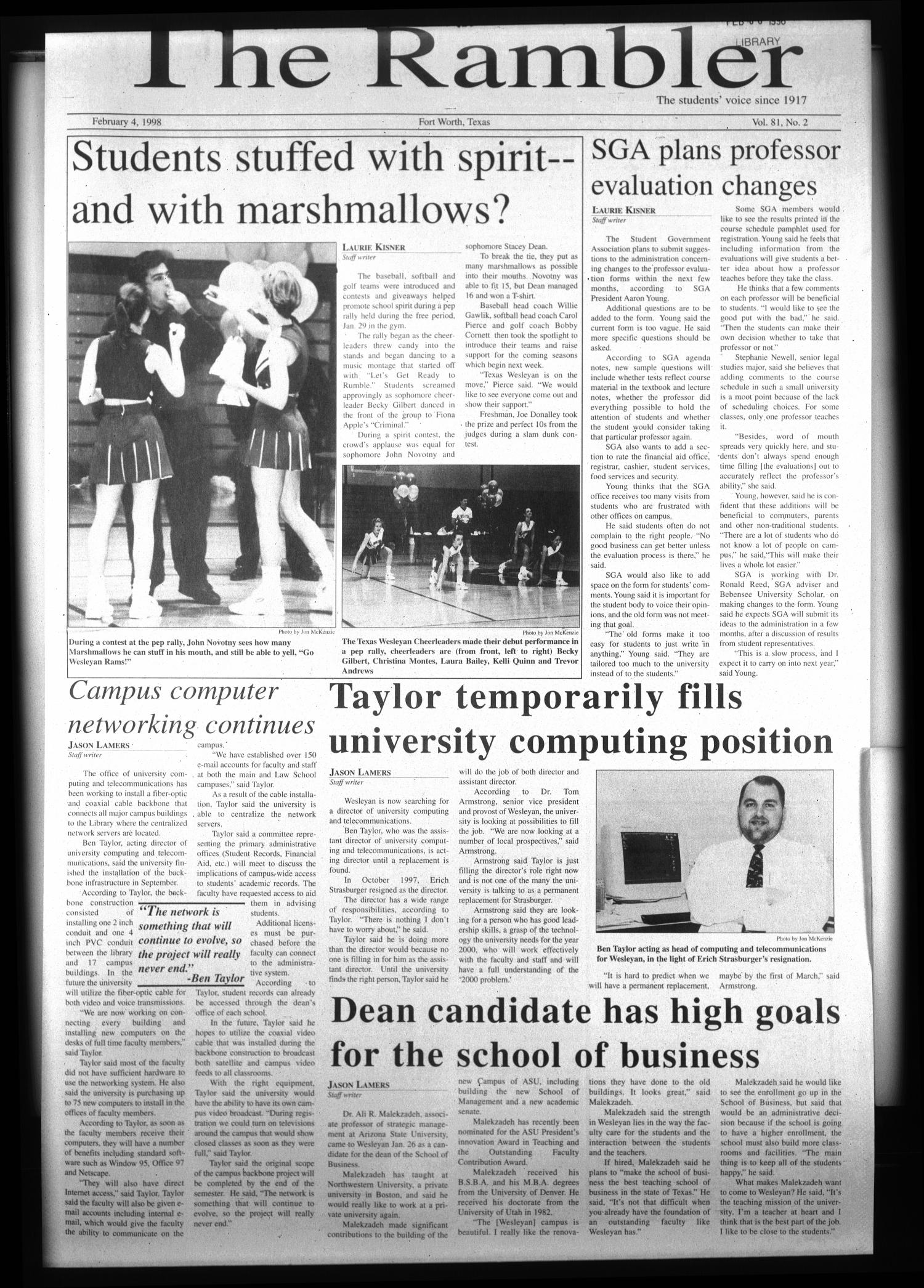 The Rambler (Fort Worth, Tex.), Vol. 81, No. 2, Ed. 1 Wednesday, February 4, 1998
                                                
                                                    [Sequence #]: 1 of 5
                                                