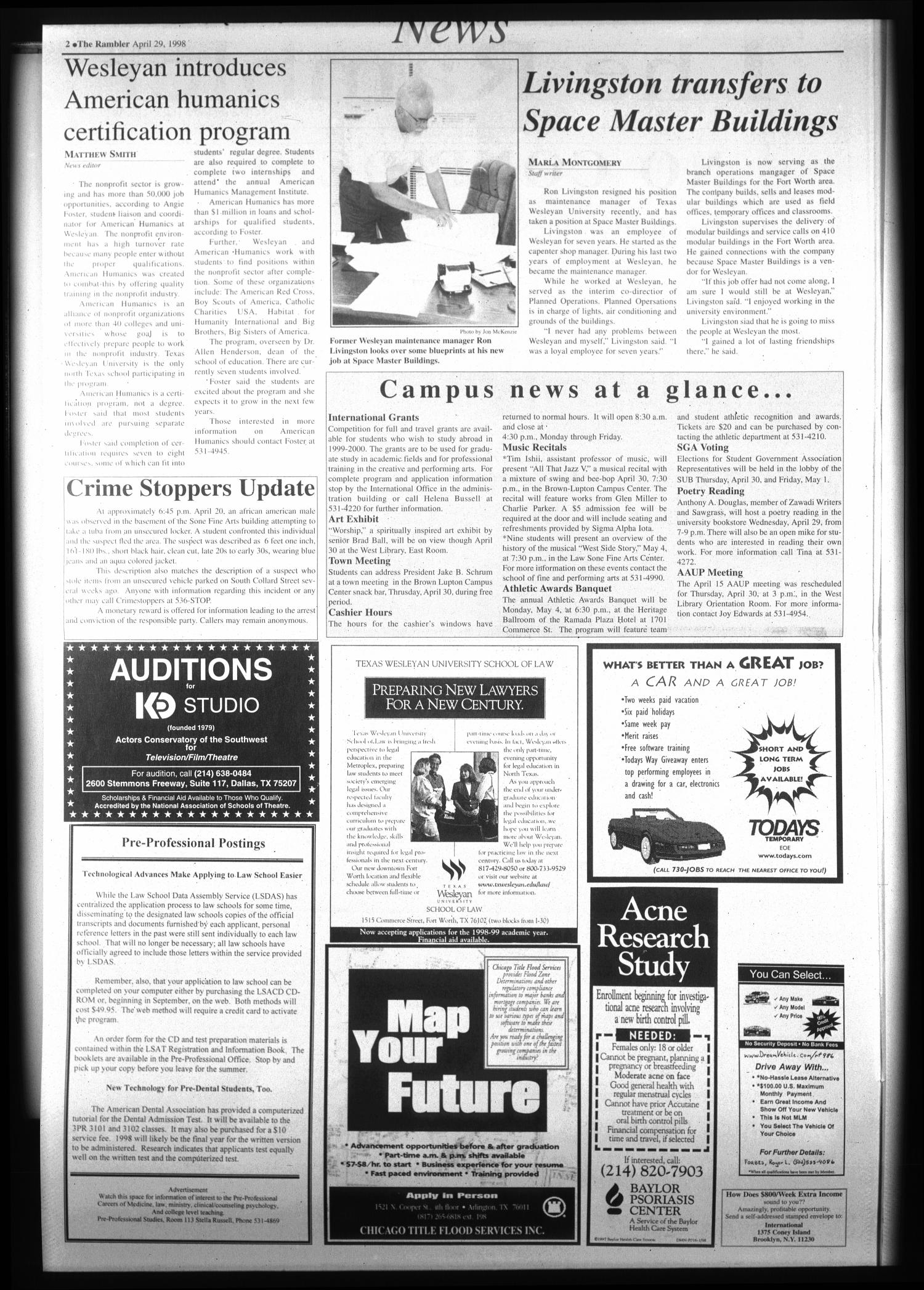 The Rambler (Fort Worth, Tex.), Vol. 81, No. 11, Ed. 1 Wednesday, April 29, 1998
                                                
                                                    [Sequence #]: 2 of 6
                                                
