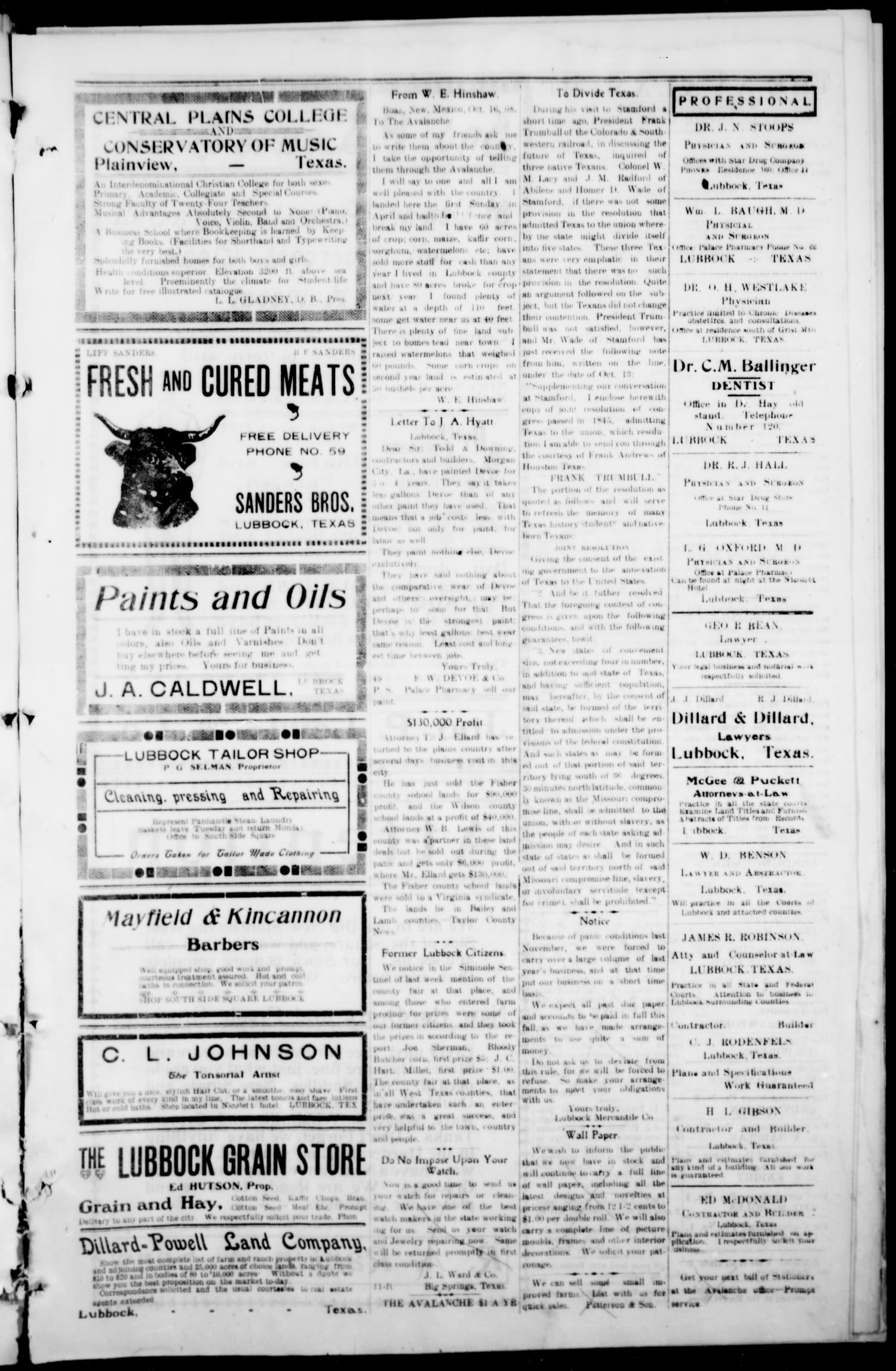 The Avalanche. (Lubbock, Texas), Vol. 9, No. 14, Ed. 1 Friday, October 23, 1908
                                                
                                                    [Sequence #]: 3 of 12
                                                
