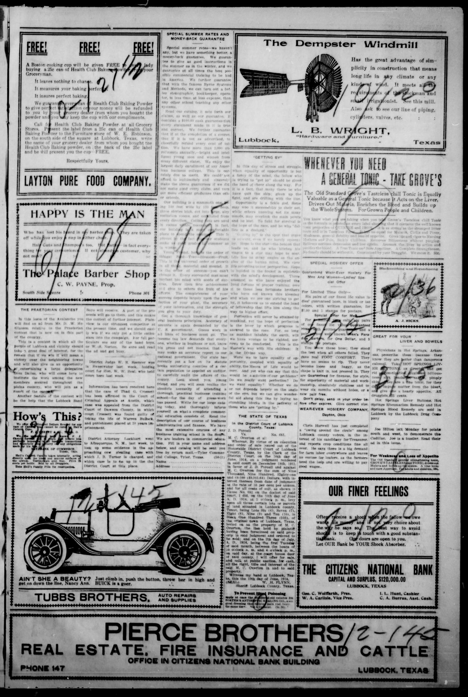 The Avalanche. (Lubbock, Texas), Vol. 14, No. 50, Ed. 1 Thursday, June 18, 1914
                                                
                                                    [Sequence #]: 5 of 12
                                                