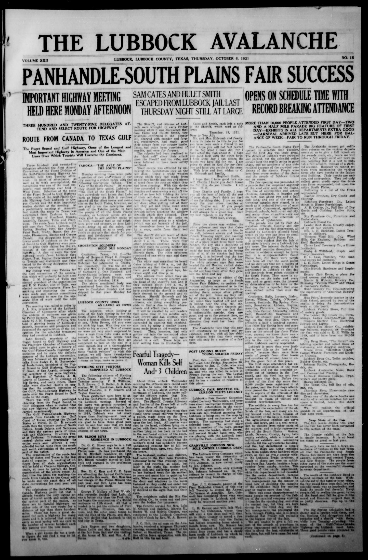 The Lubbock Avalanche. (Lubbock, Texas), Vol. 22, No. 15, Ed. 1 Thursday, October 6, 1921
                                                
                                                    [Sequence #]: 1 of 18
                                                