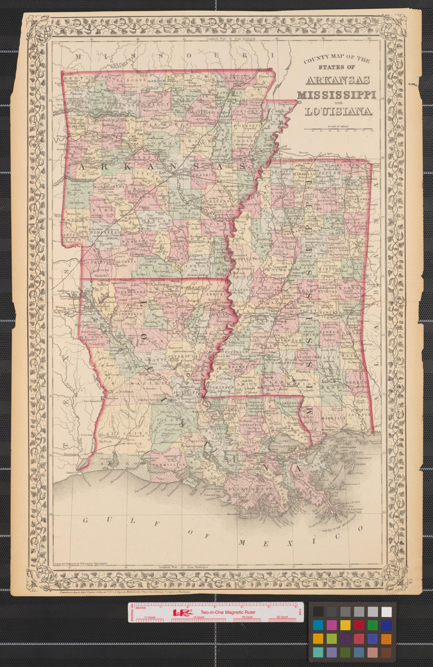 County Map of Louisiana, Mississippi, and Arkansas - Art Source  International