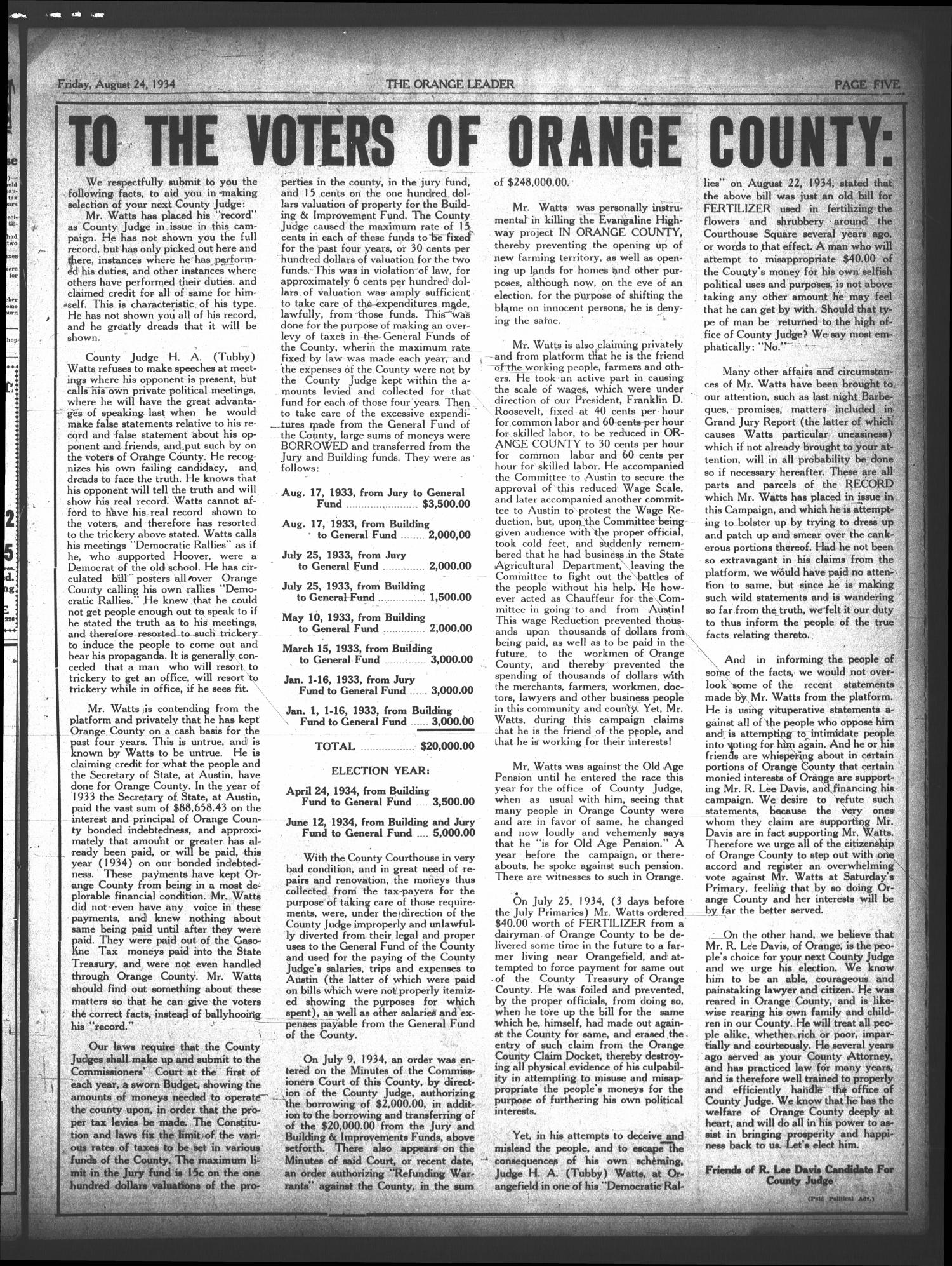 The Orange Leader (Orange, Tex.), Vol. 21, No. 202, Ed. 1 Friday, August 24, 1934
                                                
                                                    [Sequence #]: 5 of 10
                                                