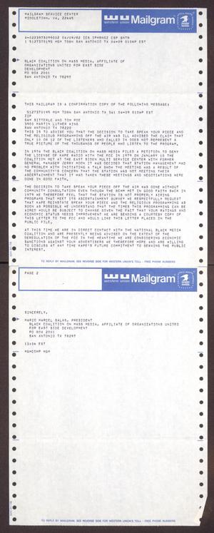 Primary view of object titled '[Mailgram Letter from Mario Marcel Salas to Sam Sitterle and Tom Poe - April 9, 1982]'.
