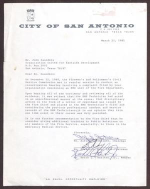 Primary view of object titled '[Letter from Alfred Castellano, Edward R. Day, Keith L. Charlton to John Saunders - March 23, 1981]'.
