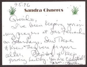 Primary view of object titled '[Letter from Sandra Cisneros to Sterling Houston - July 5th, 1996]'.
