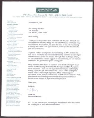 [Letter from Nan Cuba to Sterling Houston - December 19, 2001]