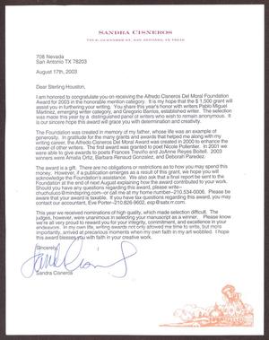 [Letter from Sandra Cisneros to Sterling Houston - August 17, 2003]