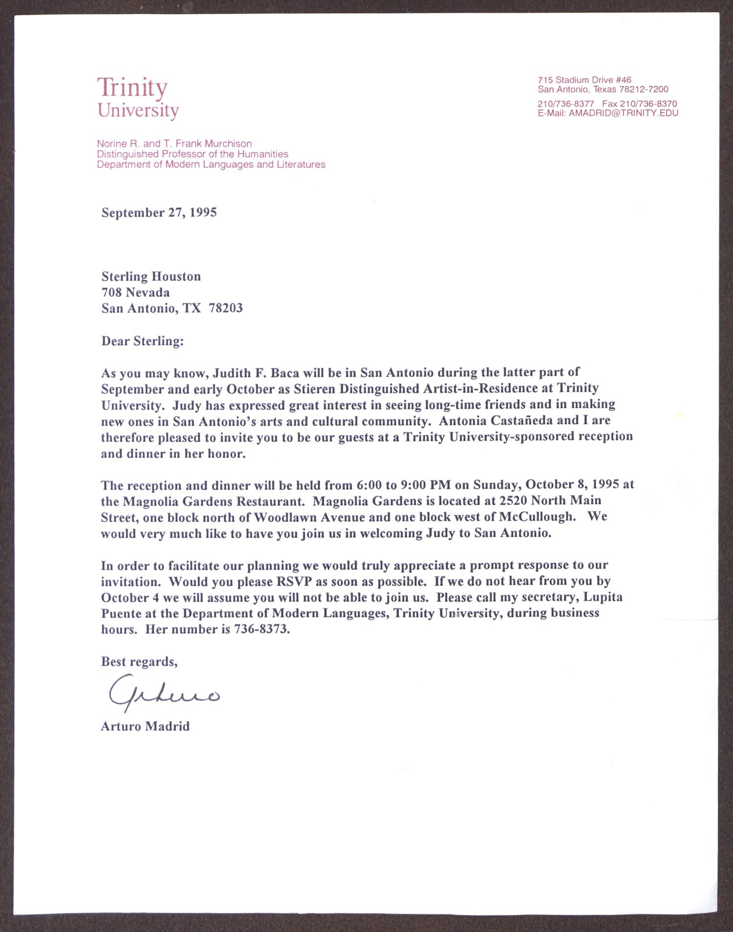 Letter From Arturo Madrid To Sterling Houston September 27 1995