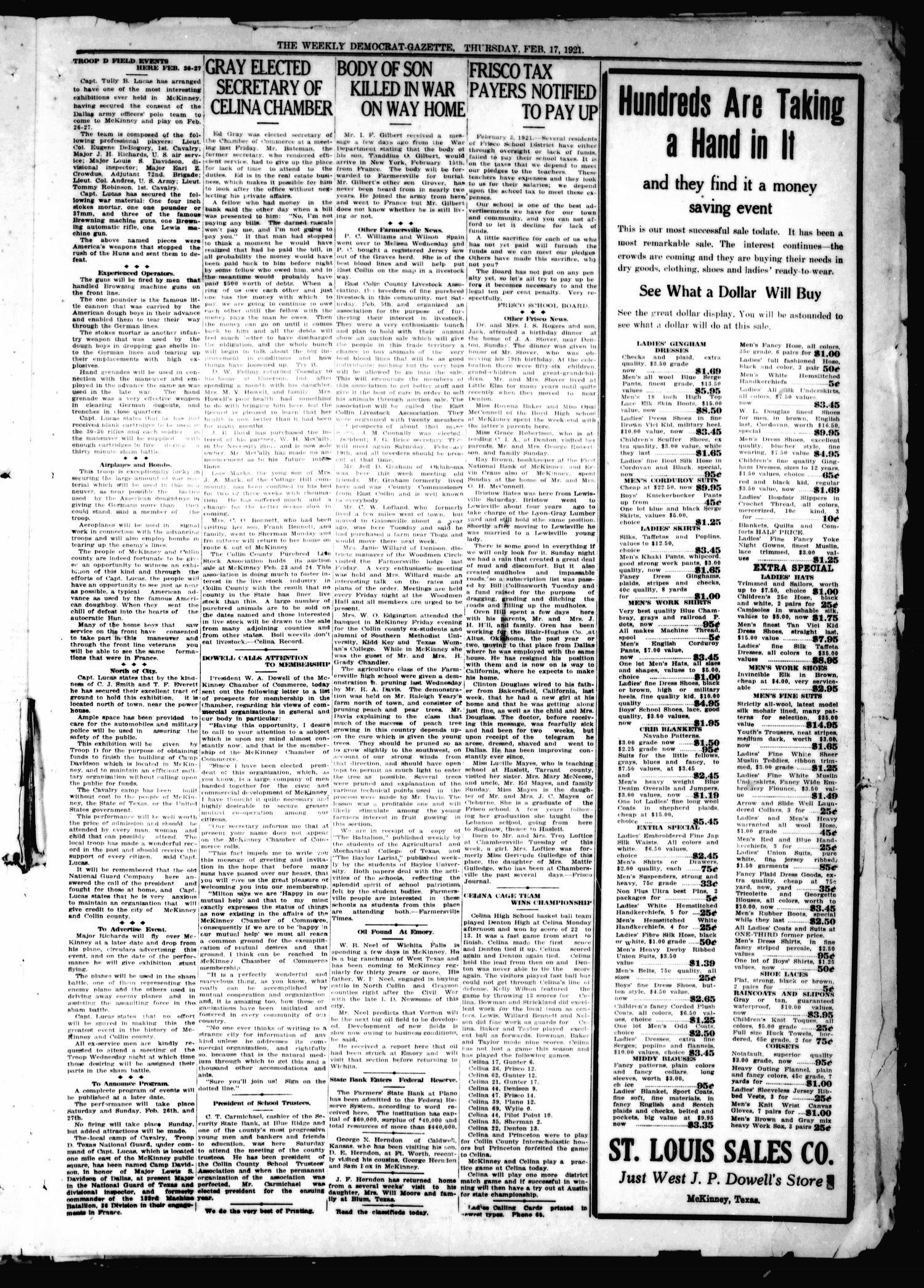 The Weekly Democrat-Gazette (McKinney, Tex.), Vol. 38, Ed. 1 Thursday, February 17, 1921
                                                
                                                    [Sequence #]: 5 of 16
                                                