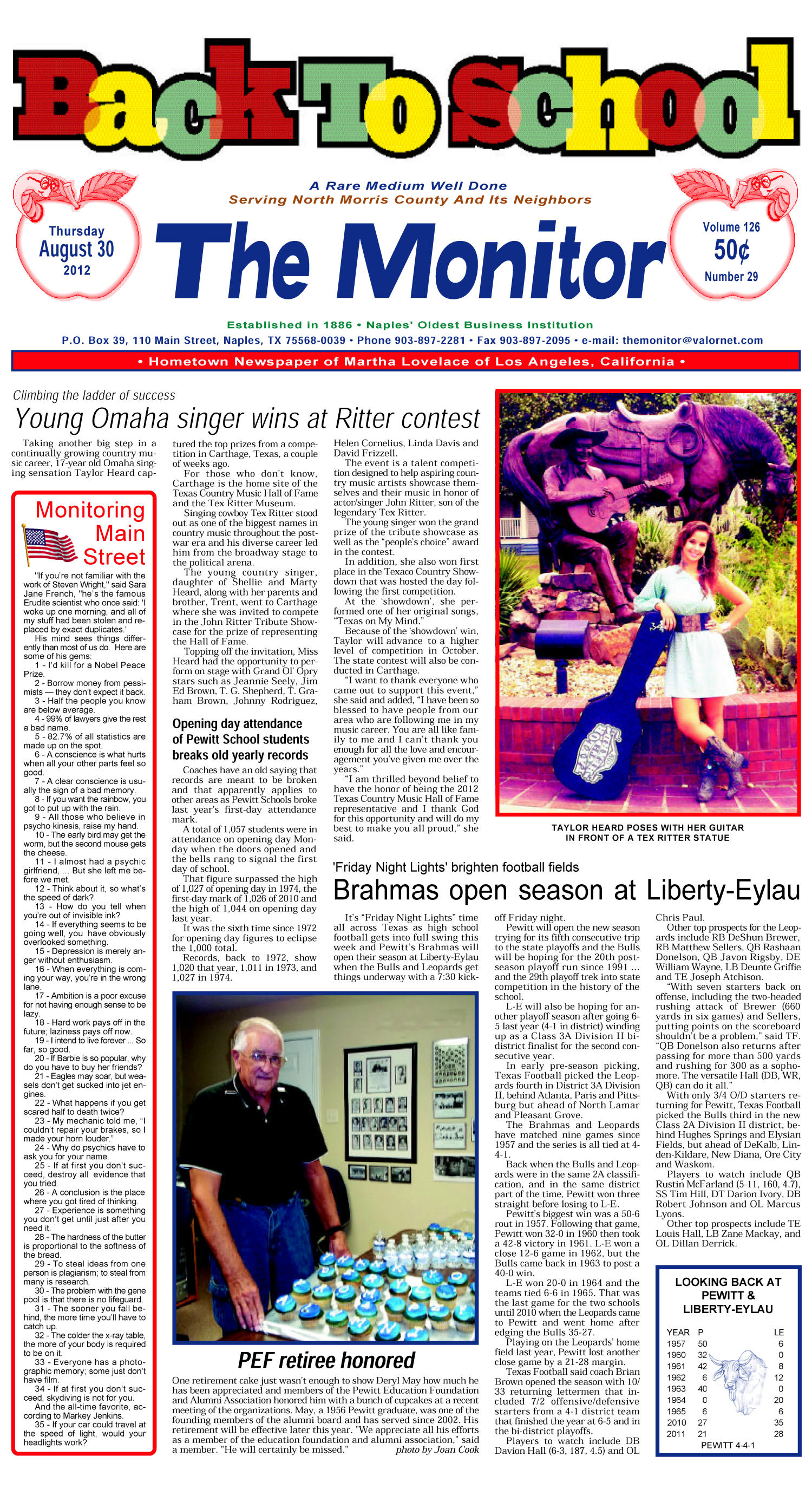 The Naples Monitor (Naples, Tex.), Vol. 126, No. 29, Ed. 1 Thursday, August 30, 2012
                                                
                                                    [Sequence #]: 1 of 12
                                                
